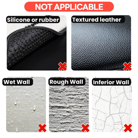 Image showing surfaces not suitable for UltraSticky Heavy Duty Double Sided Mounting Tape Pads, like silicone, leather, and rough walls.