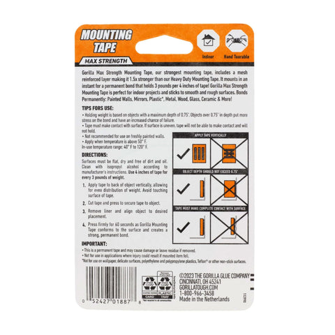 Back packaging of Heavy Duty Mounting Tape That Sticks Like A Champ With Double Sided Adhesive And Instant Hold For A Permanent Bond Reinforced Mesh For Extra Strength Holds Up To Forty Five Pounds On Painted Indoor Surfaces One Inch By Sixty Inches Black Pack Of One showing instructions and product details.