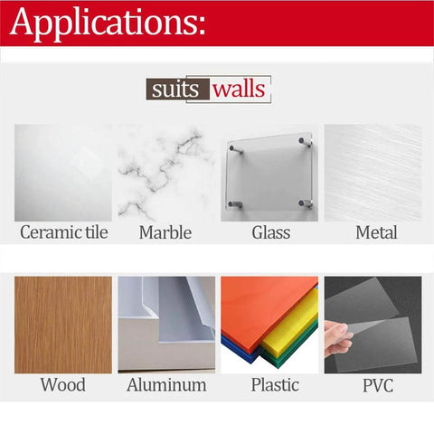 Double Sided Heavy Duty Mounting Tape For Indoor Outdoor Use, shown with compatible surfaces like ceramic, marble, metal, wood