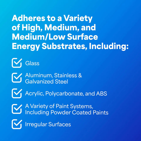 Heavy Duty Mounting Tape 5952 adheres to various surfaces, glass, aluminum, acrylic, paint systems, and irregular surfaces.