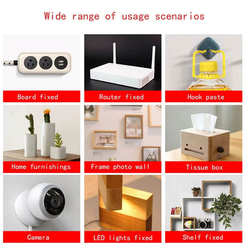 Various objects secured with double sided heavy duty mounting tape for indoor outdoor use, super strong bond foam tape.