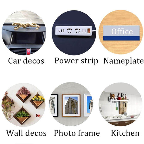 Uses for Double Sided Heavy Duty Mounting Tape including car decor, power strip, nameplate, wall decor, photo frame, and kitchen items.