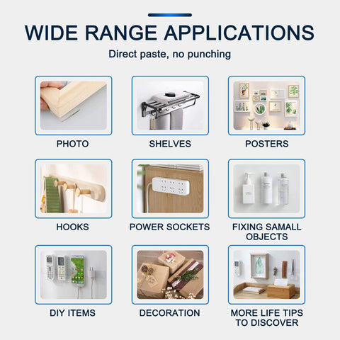 Image showing various applications of Heavy Duty Double Sided Mounting Tape Clear Removable For Walls Carpets Rugs And Posters 9.84 Foot Long And 1.18 Inch Wide Indoor Outdoor Nano Gel Grip Reusable No Residue Easy Peel And Stick, including shelves, hooks, and photo hanging.
