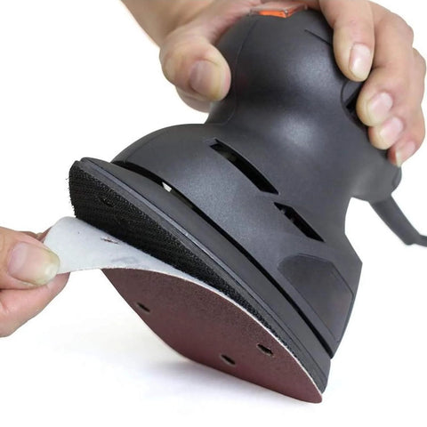 Mouse Detail Sandpaper Set 50 Sheets 5 Grits 40 80 120 180 240 Hook and Loop being attached to sander