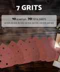 Mouse Sanding Pads Assortment for Ryobi Sander 70 Pc 6 Hole with 40 to 320 Grit displayed on wooden surface.