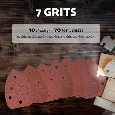 Mouse Sanding Pads Assortment for Ryobi Sander 70 Pc 6 Hole with 40 to 320 Grit displayed on wooden surface.