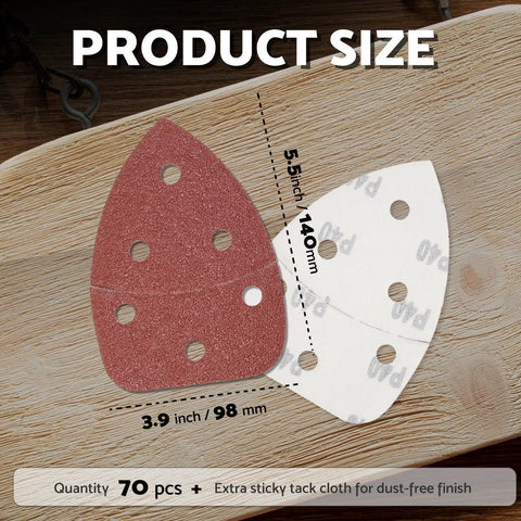 Mouse Sanding Pads Assortment for Ryobi Sander 70 Pc 6 Hole with 40 to 320 Grit, product dimensions shown on wooden surface