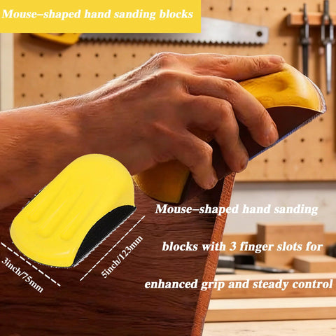 Mouse-shaped hand sanding block in use, part of 5 Inch Hook And Loop Sanding Discs Set 50 Pcs For Wet Dry Polishing