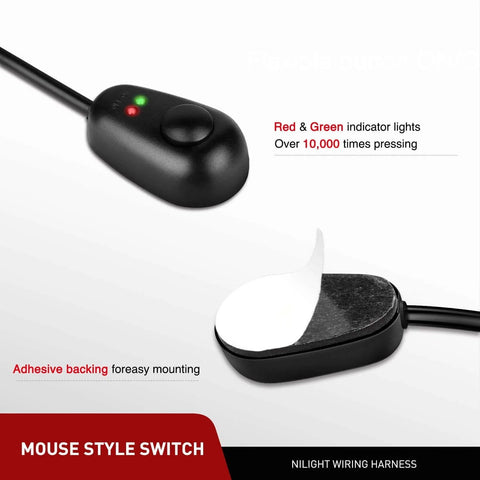 Mouse style switch with red and green indicator lights and adhesive backing from 16 AWG Off Road LED Light Bar Wiring Harness Kit