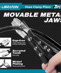 Close-up of Hose Clamp Pliers Set 3 Piece Ratchet Hose Pliers with movable metal jaws, serrated teeth, nickel plating, and gap-free feature for automotive fuel and radiator hoses.