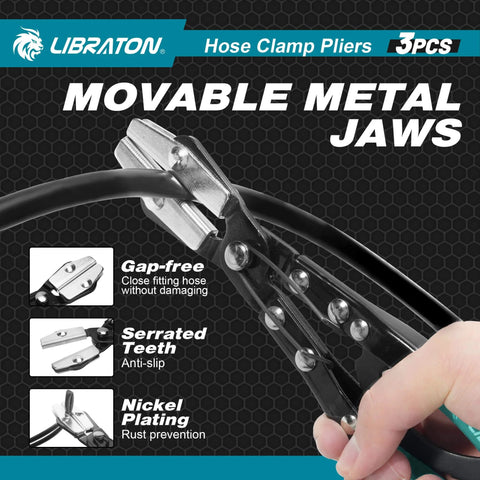 Close-up of Hose Clamp Pliers Set 3 Piece Ratchet Hose Pliers with movable metal jaws, serrated teeth, nickel plating, and gap-free feature for automotive fuel and radiator hoses.