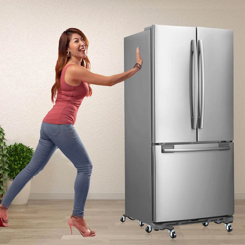Woman using 4pcs Furniture Moving Dolly Set with 3 Wheel Steel Tri Dollies to push a refrigerator smoothly.