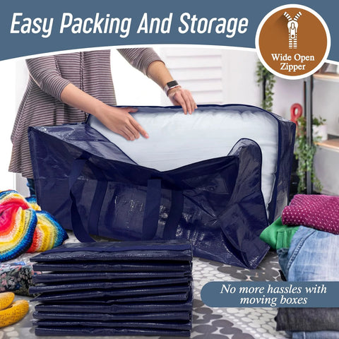 Person packing clothes into Six Pack Extra Heavy Duty Large Moving Bags With Strong Zipper And Comfortable Handles, 23 Gallon Capacity, 29 Inch Long By 14 Inch Wide By 13 Inch High, Reinforced Stitching, Coated PE Fabric, Durable Clothes Storage Totes For Moving And College.