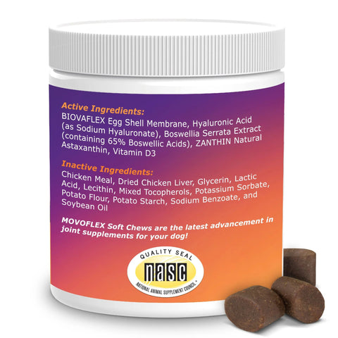 Vet Formulated Movoflex Dog Joint Support Chews For Small Breeds Up To 40 Lbs shown with ingredients label and soft chews