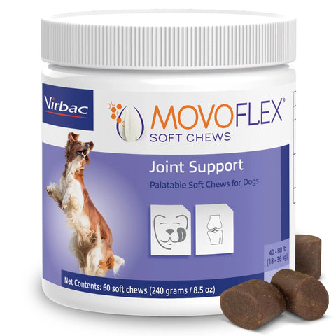 Movoflex Soft Chews For Medium Dogs 40 To 80 Lb Hip And Joint Support 60 Count supplement bottle with soft chews by Virbac
