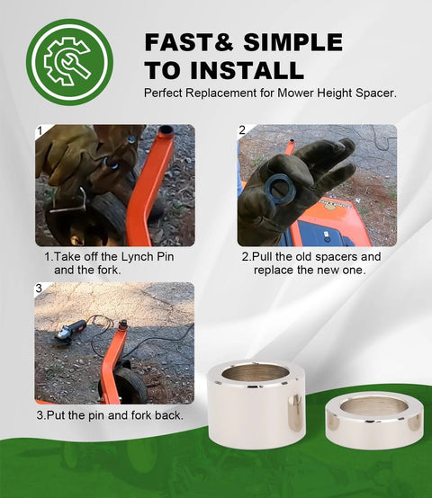 Installation steps for Finish Mower Spacer Kit Replaces 502120 84612 84613 showing process and C1015 steel spacers.