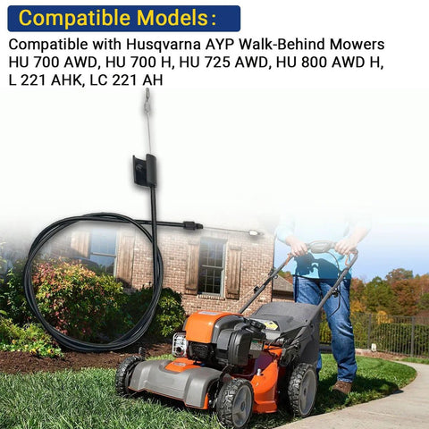 Engine Zone Control Cable Replacement for HU700 series mowers next to a lawn mower, compatible with Husqvarna AYP models.‪