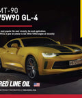 Red Line MT 90 75W 90 GL 4 Manual Transmission And Transaxle Lubricant MTL Two Pack One Quart Each ad with yellow sports car
