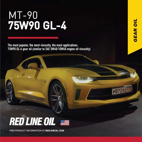 Red Line MT 90 75W 90 GL 4 Manual Transmission And Transaxle Lubricant MTL Two Pack One Quart Each ad with yellow sports car