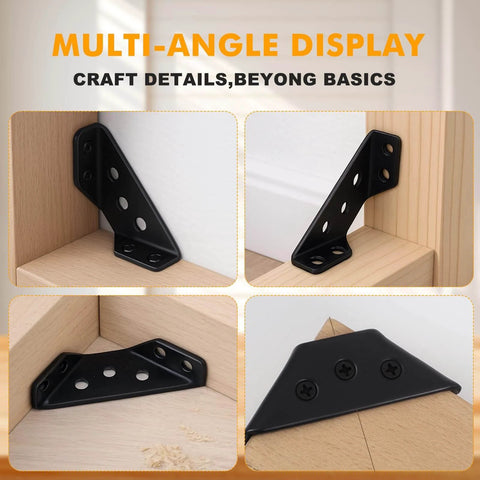 Multi-angle view of black metal L brackets for shelves, showcasing corner installation on wood in various positions.