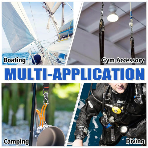 304 Stainless Steel Swivel Snap Hooks shown in various uses: boating, gym, camping, diving. Ideal for flag poles and marine use.