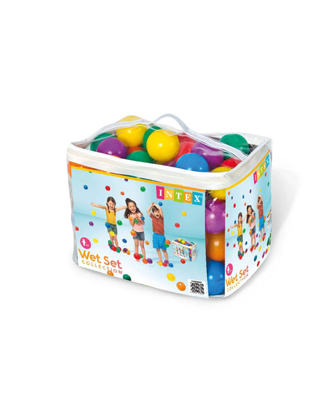 Set of 100 Plastic Fun Balls for Ball Pits and Bounce Houses, Multi-Colored in clear carry bag with colorful packaging.