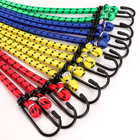 Colorful set of 12 Pack Elastic Bungee Cords With Hooks In 40 Inch 32 Inch 24 Inch And 16 Inch Sizes for heavy duty outdoor use