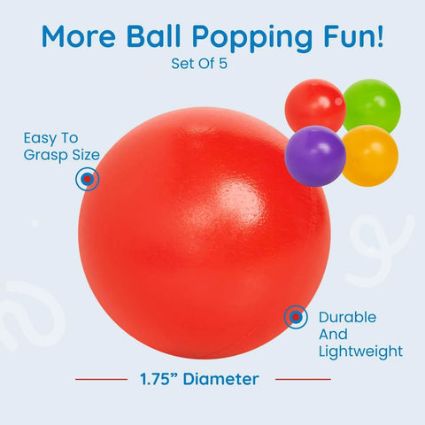 Set of 5 Multi-Colored Replacement Balls for Ball Popper Toys in Assorted Colors - Vibrant and Durable Plastic, shown with size details