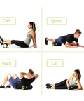People using Grid 1.0 Multi Density Foam Roller for calf, quad, back, and lat muscles. 13-inch roller for deep tissue massage and recovery.