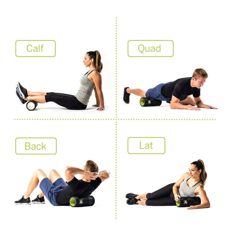 People using Grid 1.0 Multi Density Foam Roller for calf, quad, back, and lat muscles. 13-inch roller for deep tissue massage and recovery.