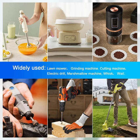 Collage showing various household and gardening tools including blender, mixer, grinder, electric drill, and lawn trimmer