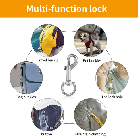 3 Inch Swivel Snap Hooks 12 Pcs Heavy Duty Pet Leash Hooks for DIY Crafts showing multiple uses including travel and pet buckles.