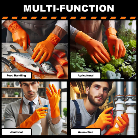 Multi-function use of 8 Mil Nitrile Disposable Gloves Latex Free With Diamond Texture Tear Resistant in various settings.