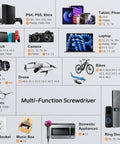 Chart showing multi-function screwdriver applications for PS4, PS5, Xbox, laptops, phones, cameras, drones, bikes, and more.