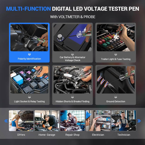 Automotive Test Light With Wide Range 3 To 70V LED Digital Voltage Display, Pro Grade Circuit Tester With Voltmeter And Dual Polarity Indicator, Electric Test Pen, Relay Fuse Tester With Stainless Probe And 118 Inch Wire in use across various automotive testing applications.