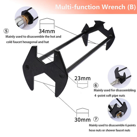 2 Piece Four Jaw Hex Wrench Basin Wrench Set for Tight Spaces shown with sizes and uses for disassembling faucet nuts and soft pipe nuts.