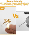 Image comparing multi-hole gold hook in the 303 Piece Picture Hanging Kit With Heavy Duty Hooks Nails Sawtooth Wire D Rings And Level.