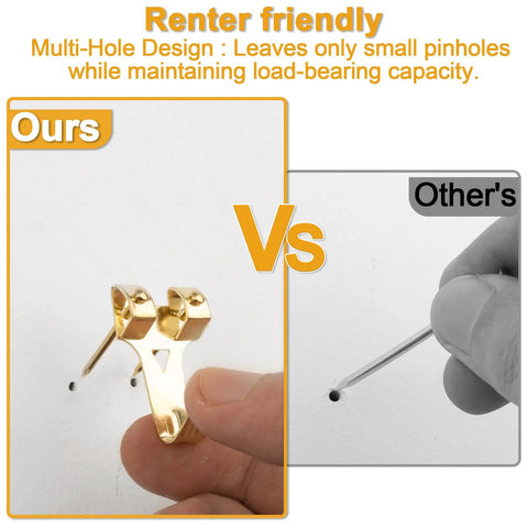 Image comparing multi-hole gold hook in the 303 Piece Picture Hanging Kit With Heavy Duty Hooks Nails Sawtooth Wire D Rings And Level.