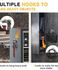 Multiple hooks shown hanging tools and bag for stability on storage cabinets.