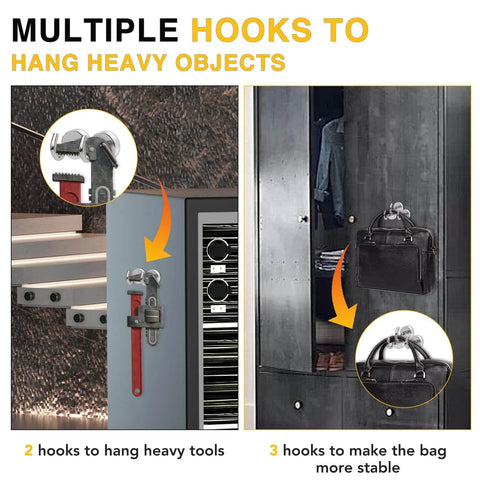Multiple hooks shown hanging tools and bag for stability on storage cabinets.