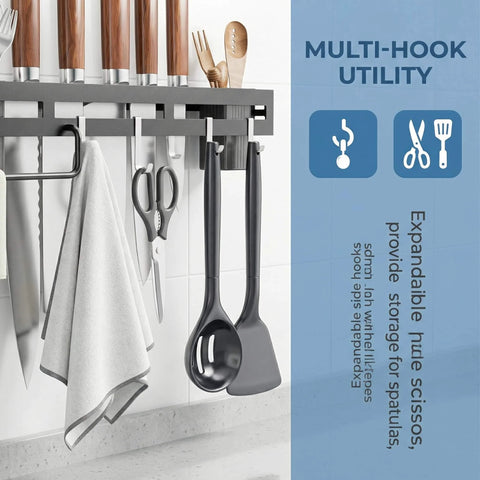 Wall Mount Utensil Rack, 15.7inch Kitchen Utensil Hanger with hanging spoons, forks, and knives, multi-hook utility