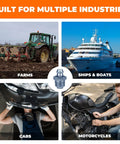 Complete 100 Piece Grease Fittings Assortment Kit With 18 SAE And Metric Zerk Fittings shown in various industry uses like farming and boating.