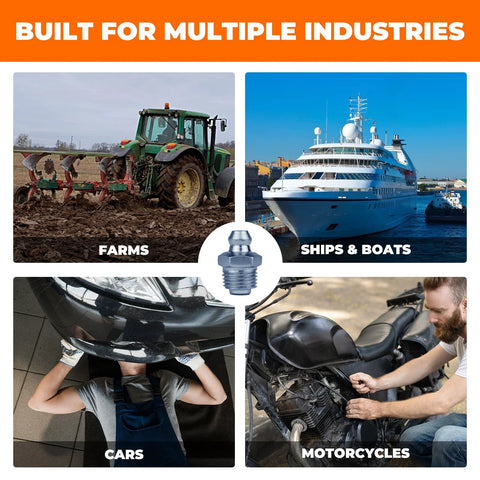 Complete 100 Piece Grease Fittings Assortment Kit With 18 SAE And Metric Zerk Fittings shown in various industry uses like farming and boating.