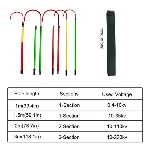 Assorted sizes of insulated high voltage rescue hooks with non conductive handles and rescue bag