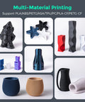 Dope High Speed Core XY 3D Printer With One Click Auto Printing, showcasing multi-material printed models of various shapes and colors.