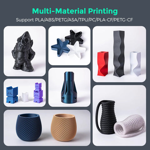 Dope High Speed Core XY 3D Printer With One Click Auto Printing, showcasing multi-material printed models of various shapes and colors.