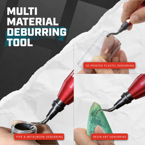 Swivel Head Deburring Tool With Eleven High Speed Steel Blades trimming 3D printed plastic, resin, and metal pipe edges for burr removal.