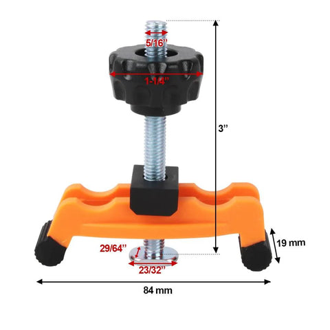 Image showing multi position T track hold down clamp kit with 5/16-18 x 3 inch bolts, adjustable pivot knob, and plastic safety clamp.