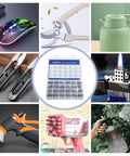Collage of various tools and gadgets, including a 390-pack utility cart stainless steel frame image centered among the items.
