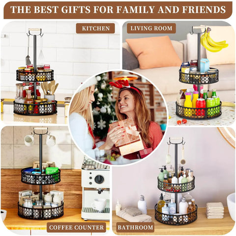 Heavy Duty 2 Tier Lazy Susan Organizer used in kitchen, living room, coffee counter, and bathroom